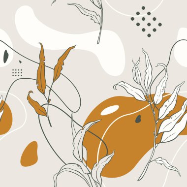 Yaprak ve bitki dalları, çizgiler ve yuvarlak şekilli, soyut, pürüzsüz bir desen. Hardal, beyaz, ılık gri ve yeşil renkler.