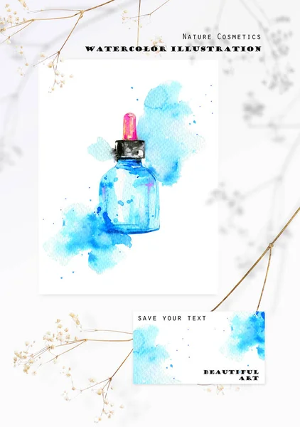 Blauw Glazen Cosmetische Fles Serum Vloeistof Aquarelillustratie Spatten Druppels Verf — Stockfoto