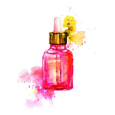 Pembe cam kozmetik şişe, serum ya da sıvı. Suluboya resimleme, sıçrama ve damla damla boya ve mürekkep. 