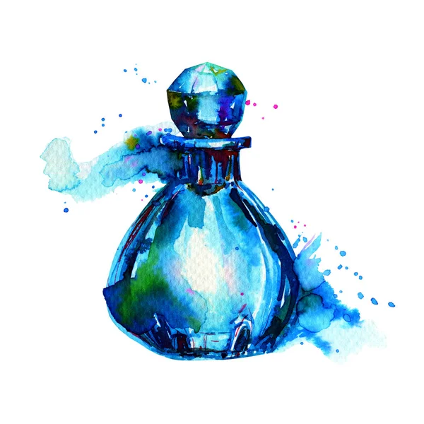 Aquarell Flasche Parfüm Blaues Glas Farbspritzer Und Schlieren Aus Saphirin — Stockfoto