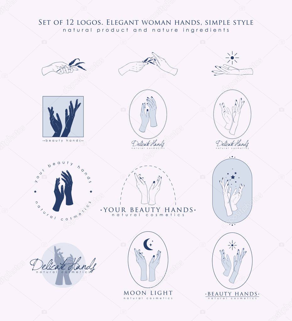 Set of logos for beauty industry, cosmetology. Female hands, elegant gestures, nature natural product. Logo, trademark, shades of blue.