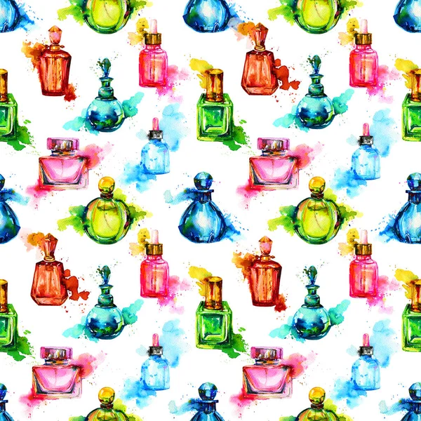 Seamless Pattern Watercolor Bottle Perfume Green Pink Blue Glass Splashes — Stock Photo, Image