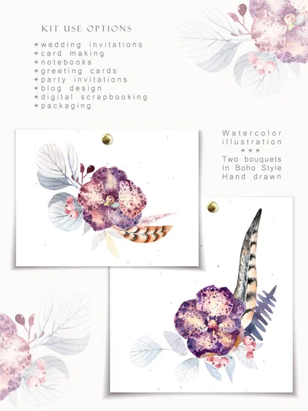 Twee Aquarelboeketten Bloemen Compositie Kit Luipaardorchidee Met Veren Bladeren Boho — Stockfoto