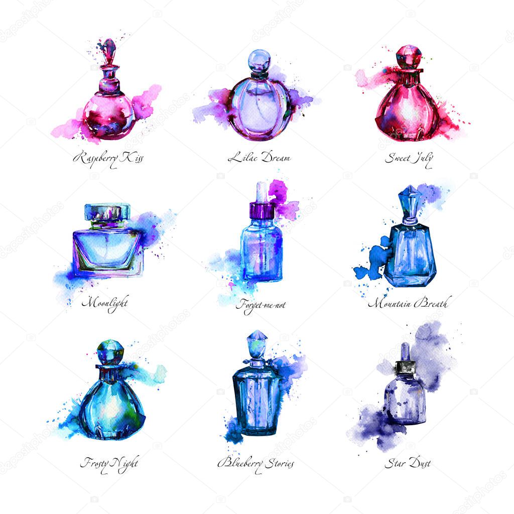 Set of watercolor glass bottles with perfume. Women's fragrances. The association of color and aroma. Dusty blue, lilac.