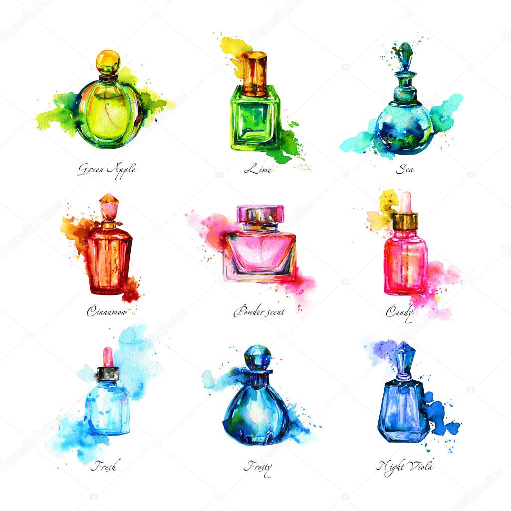 Set of watercolor glass bottles with perfume. Women's fragrances. The association of color and aroma.
