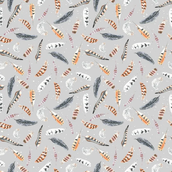 Seamless Pattern Watercolor Striped Polka Dots Feathers Feather Pheasant Owl — Stock Photo, Image