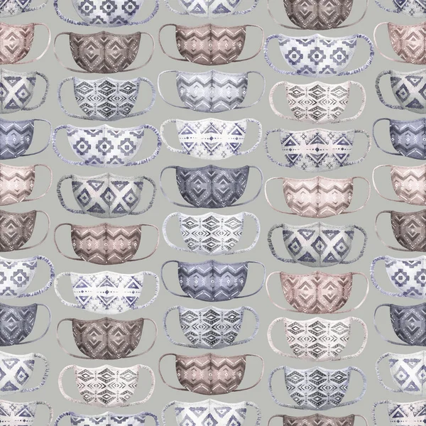 Seamless pattern with cute watercolor protective face masks. Watercolor ethnic traditional patterns. Medical fabric mask.