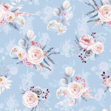 Kusursuz çiçek deseni. Suluboya çiçekler, pembe gül, okaliptüs yaprakları, böğürtlen, şakayık. Pejmürde hatun. Çiçek arkaplanı.