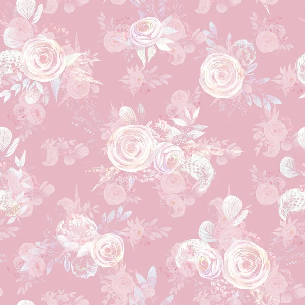 Patrón Floral Sin Costuras Flores Acuarela Rosa Rosada Hojas Eucalipto — Foto de Stock