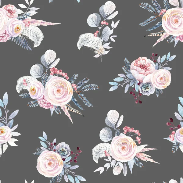 Seamless Floral Pattern Watercolor Flowers Pink Rose Eucalyptus Leaves Berries — Stock Photo, Image