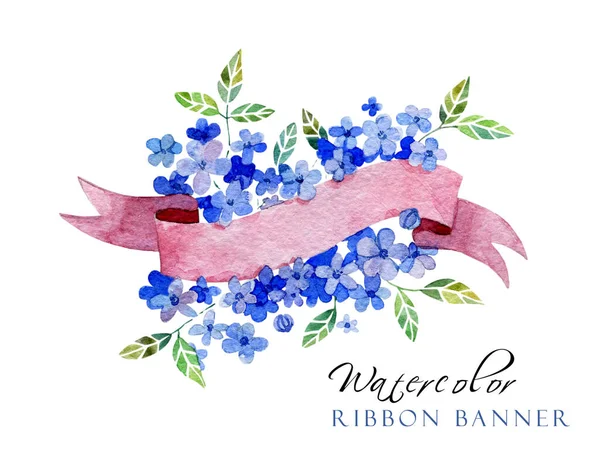 Watercolor Ribbon Floral Banner Party Banner Watercolor Greeting Card Print — Stock Photo, Image