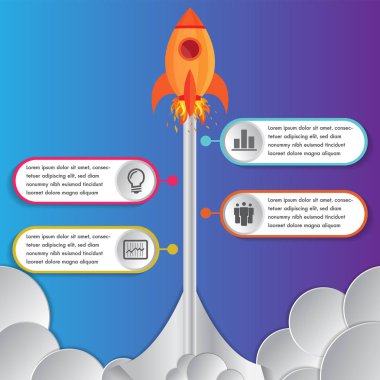 Bilgi grafikleri tasarım şablonu roketi veya uzay gemisi bulutlar arasında dikey sıra ve yıl göstergelerine göre dizilmiş 4 seçenek elementi ile birlikte fırlatılır. Dört yıllık adım kavramı.