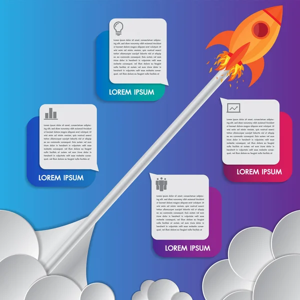 Infographics ontwerp sjabloon raket of ruimteschip lanceert door de wolken met pictogrammen vliegen 4 opties elementen gerangschikt in verticale rij en jaar indicatie.Concept van vier jaarlijkse stappen. — Stockvector