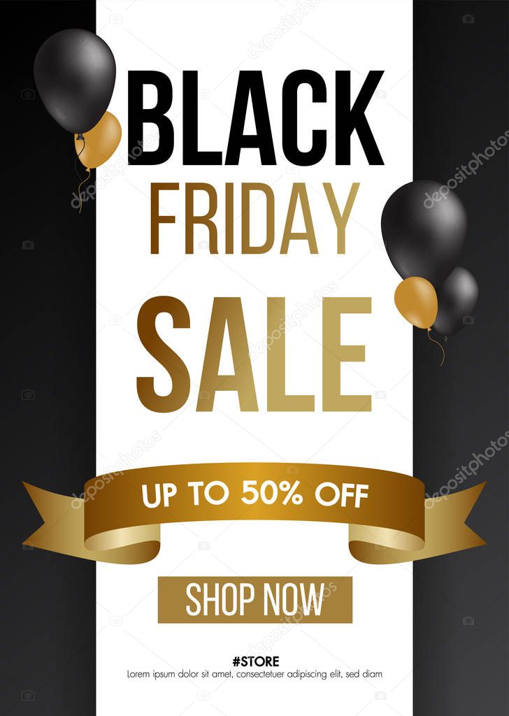 Black Friday sale gold background with balloons sale promo banner.Modern design layout template.Shopping day sale offer poster, flyer, card. Vector background.