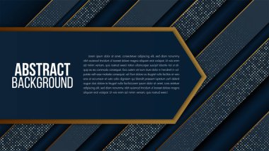 Kağıt şekilli soyut altın lüks arka plan. Altın rengi parlak noktalı gerçekçi doku. Vektör geometrik desen koyu mavi..