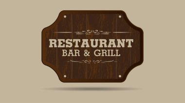 Antika ahşap çerçeve sınır tabela tasarımı. Kopya alanı olan batı tarzı vektör. Restoran barı ve ızgara metni..