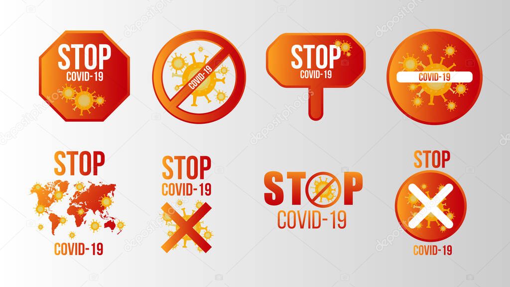 Stop Covid-19 Pandemic stop Novel Coronavirus outbreak concept symptoms in Wuhan China Travel or vacation warning with air plane and quarantine with protective icon sign. Prevention design background.