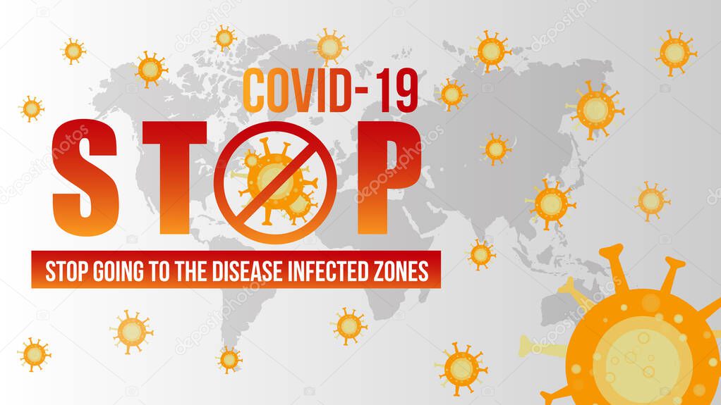 Stop Covid-19 Sign & Symbol concept with world map 2019-nCoV symptoms in Wuhan China Travel or vacation warning with air plane and quarantine with protective icon sign. Prevention design background.