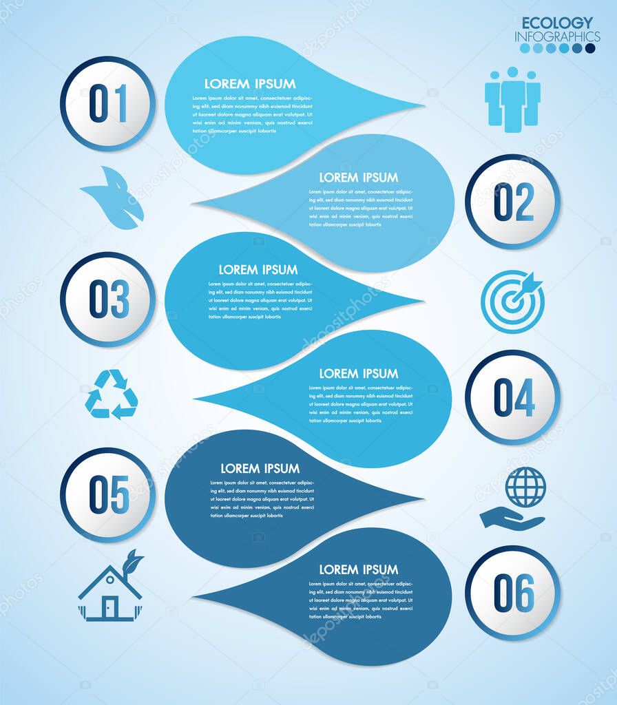 Infographic eco water blue design elements process 6 steps or options parts with drop of water. Ecology organic nature vector business template for presentation.