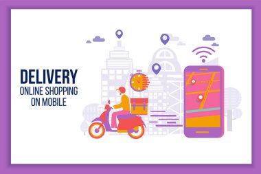Mobilede scooter ile hızlı teslimat. Düz vektör çizgi film karakteri restoran yemek servisi. Çevrimiçi yemek siparişi bilgileri. Web sayfası, uygulama tasarımı. İzole edilmiş vektör.