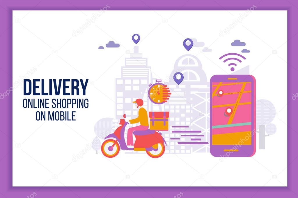 Fast delivery by scooter on mobile.Delivery man flat vector cartoon character restaurant food service.Online food order infographic. Webpage, app design.Isolated vector.