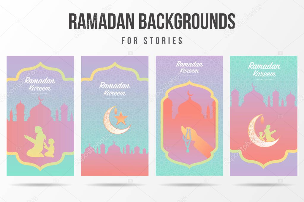 Set of Instagram stories ramadan kareem or Eid mubarak social media banner template for promotion marketing on the ramadan holidays.Arabian color with islamic mosque.Cover. Social media background.