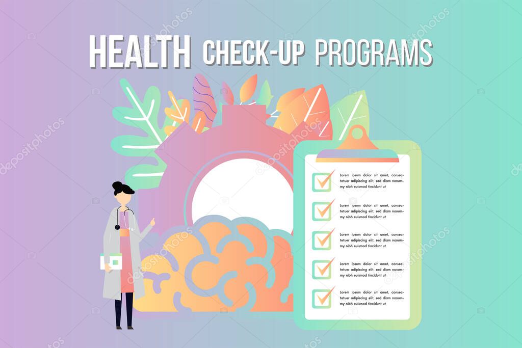 Health check up checklist medical services, annual check up, preventive examination, stethoscope vector icon, flat illustration.Medical background template online clinic concept.
