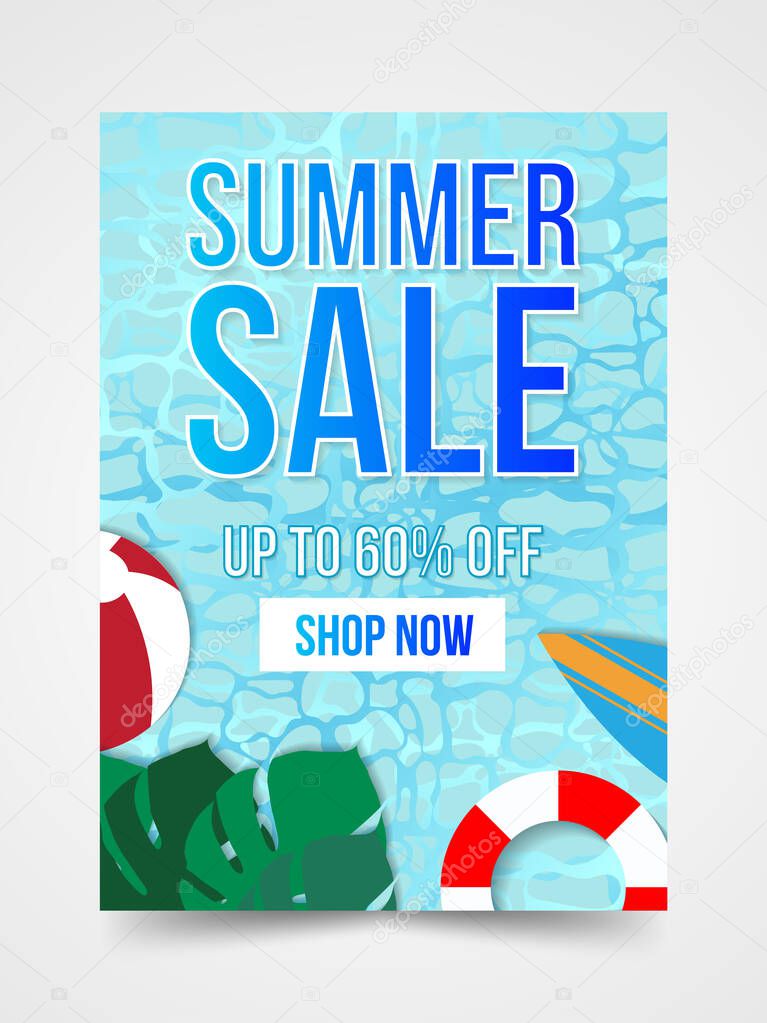 Summer sale banner layout template with discount text and summer elements.Concept of seasonal vacation in tropical country.Can be used flyer, invitation, poster, web site or greeting card.