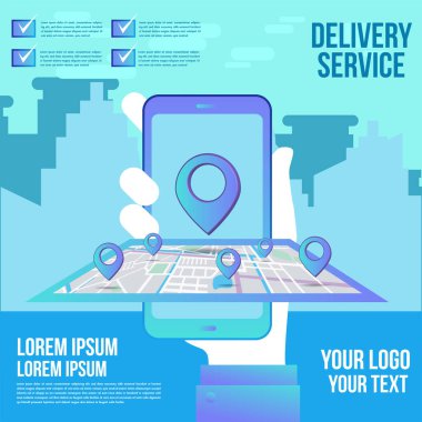 Konsept kamyon ve robot servisiyle mobil tasarım üzerinden online dağıtım alışverişi. Bu tasarım web siteleri, iniş sayfaları için kullanılabilir. İnternet sevkiyat web pankartı.