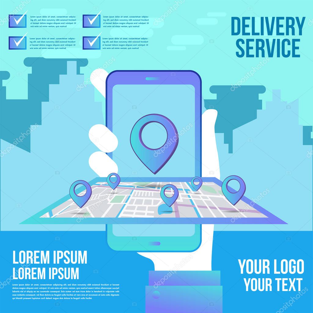 Online delivery shopping on mobile flat design with concept truck and robot service. This design can be used for websites, landing pages.Internet shipping web banner with modern city.
