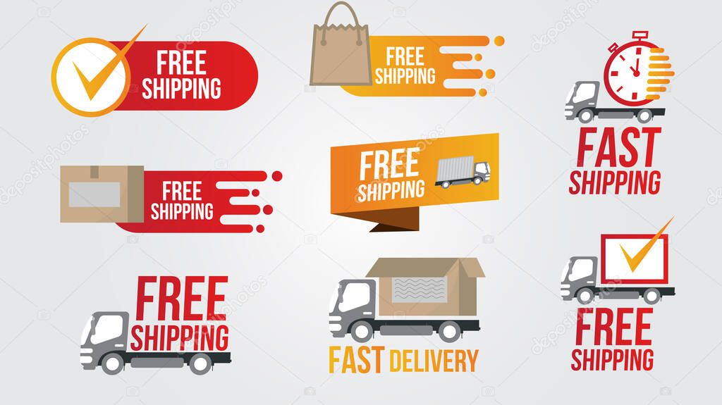 Free and fast shipping delivery icons and buttons pack logistics transportation shipping service warehouse industry and global theme Vector illustration.Flat vector illustrations on white background.