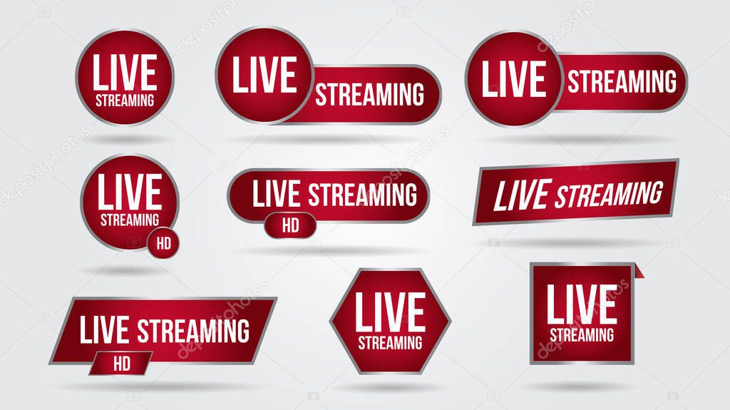 Set of live video streaming icons logo tv news banner interface.Red symbols lower third template broadcast.Red set of media labels on transparent background.