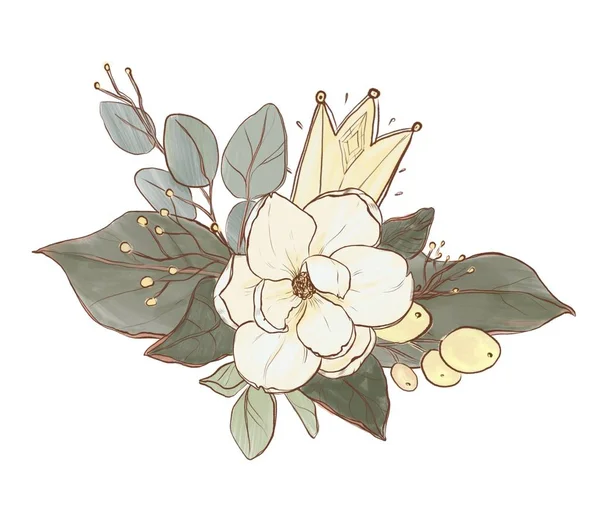 Ζωγραφισμένη Στο Χέρι Floral Εικονογράφηση Τρυφερό Λουλούδι Μπουμπούκια Φύλλα Και Φωτογραφία Αρχείου