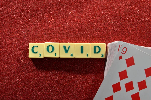 Covid Posts Made Block Boxes Playing Cards Arranged Glitter Maroon — Stock Photo, Image
