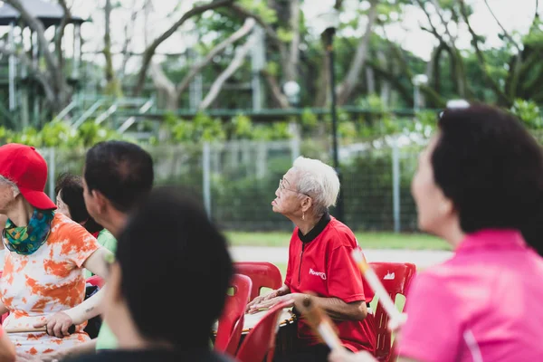 Group of seniors elderly retired asian men women playing musical instrument singing happily enjoying life — Stock Photo, Image