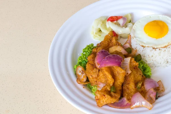 Makanan Cina Asia, Stir-goreng ikan pedas manis dengan nasi dan telur sisi cerah — Stok Foto