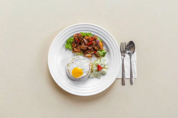 Plana vista lay de comida chinesa asiática, fritada picante picante frango fatiado com ensolarado lado para cima ovo conservado legumes — Fotografia de Stock