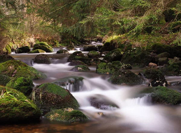 Small mountain brook with mystical water and stones
