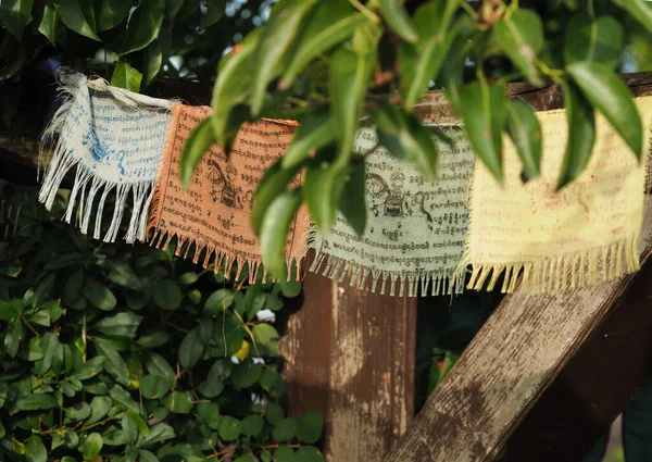 Tibet dua bayrağı yeşil bir bahçede gün ışığında