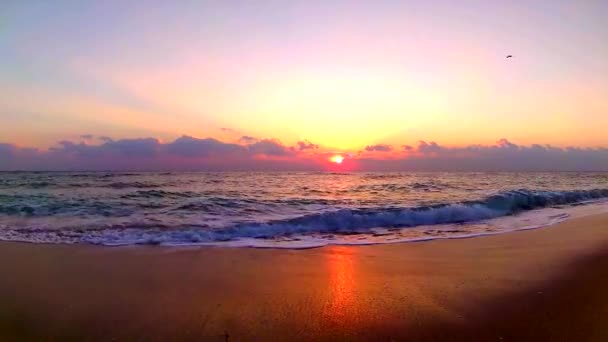 美しいオレンジで砂のビーチにクラッシュする海の波着実なビューで海辺の風景で暖かい夜の夕日 — ストック動画