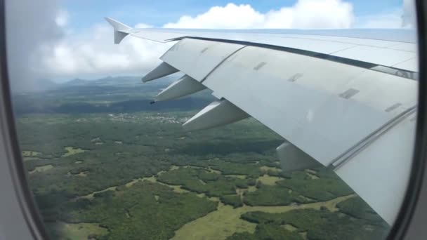 Açık Mavi Gökyüzünde Beyaz Kabarık Bulutların Üzerinde Uçuyor Büyük Yeşil — Stok video