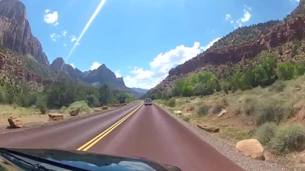 Driving Countryside Highway Road Beautiful Red Sand Stone Mountain Hill — Stock Video