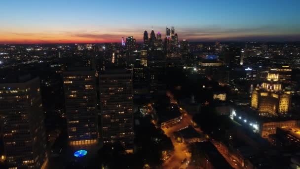 Impressive Aerial Drone Flyover Warm Orange Evening Sunset Sky City — Stock Video