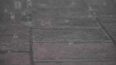 Muazzam alçak açı yağmur damlalarının yavaş çekim görüntüsünü tatmin eder. Gri ıslak asfalt yolda sükunet düşer.