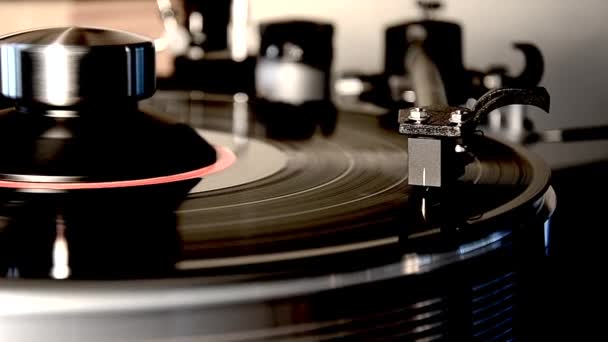 ヴィンテージレトロビニールアルバム黒古いレコードプレーヤーディスク蓄音機ターンテーブルの素晴らしい詳細を閉じるループショットで — ストック動画