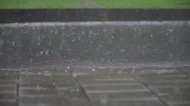 Göz kamaştırıcı alçak açı yağmur damlalarının yavaş çekim görüntüsünü tatmin ediyor. Gri ıslak asfalt yolda sükûnet düşüyor.