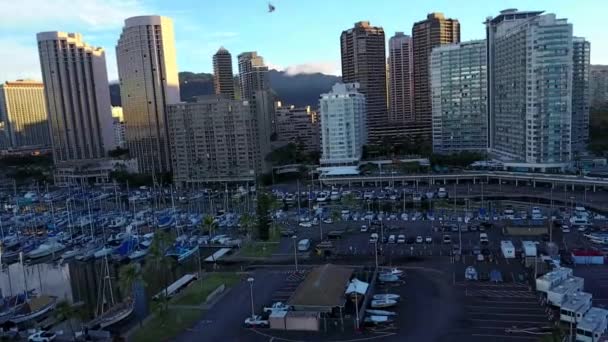 Impresionante Sobrevuelo Panorámico Drones Aéreos Gran Puerto Urbano Yates Lujo — Vídeos de Stock