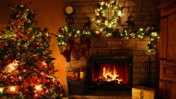 五彩缤纷的圣诞树新年装潢诺埃尔房间里燃烧着四千块柴火的壁炉环 — 图库视频影像