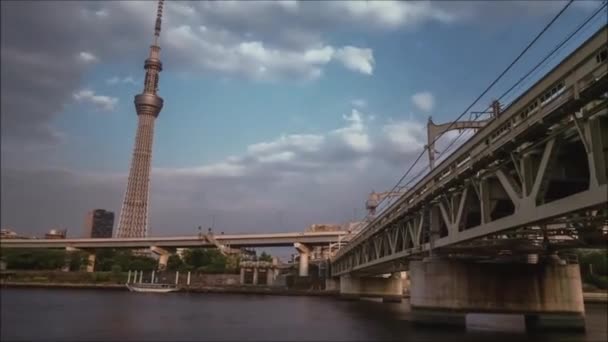 Ponte Aço Enorme Moderna Urbana Através Grande Cidade Tóquio Japão — Vídeo de Stock
