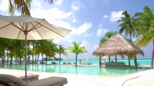 马尔代夫岛上豪华度假温泉 热带蓝海棕榈树天堂海景尽收眼底 令人叹为观止 — 图库视频影像